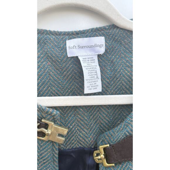 Soft Surroundings M Wool Blend Toggle Cape Jacket Teal Herringbone Short Sleeve - Picture 3 of 5